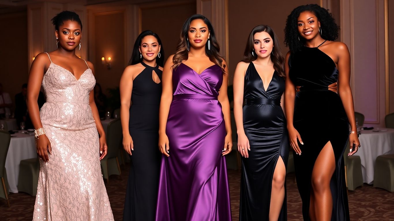 Fashion Nova Curve formal dresses on diverse models.