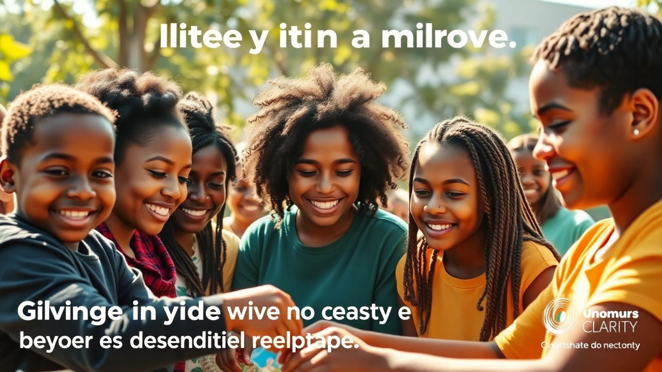 Modern charity ad with diverse people in community projects.