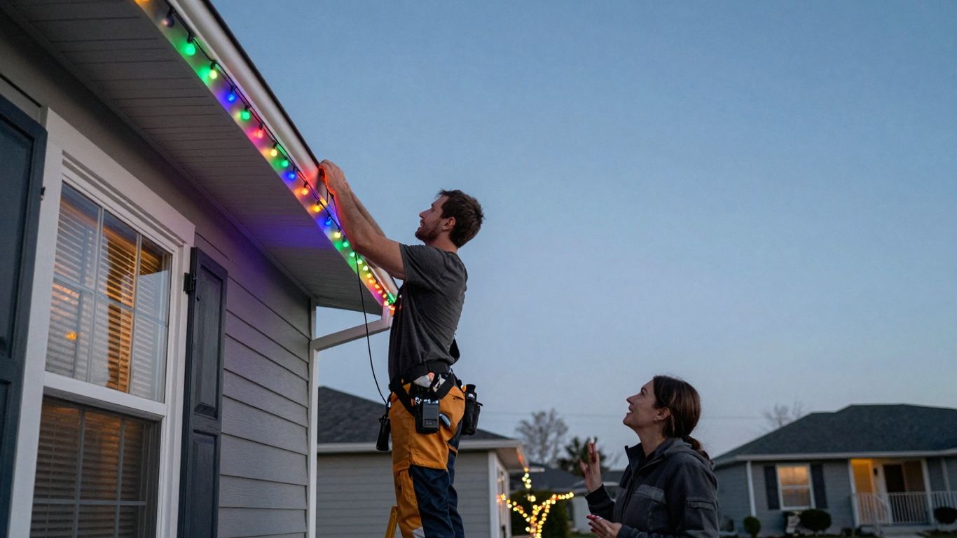 Professional installing Christmas lights on a house exterior.