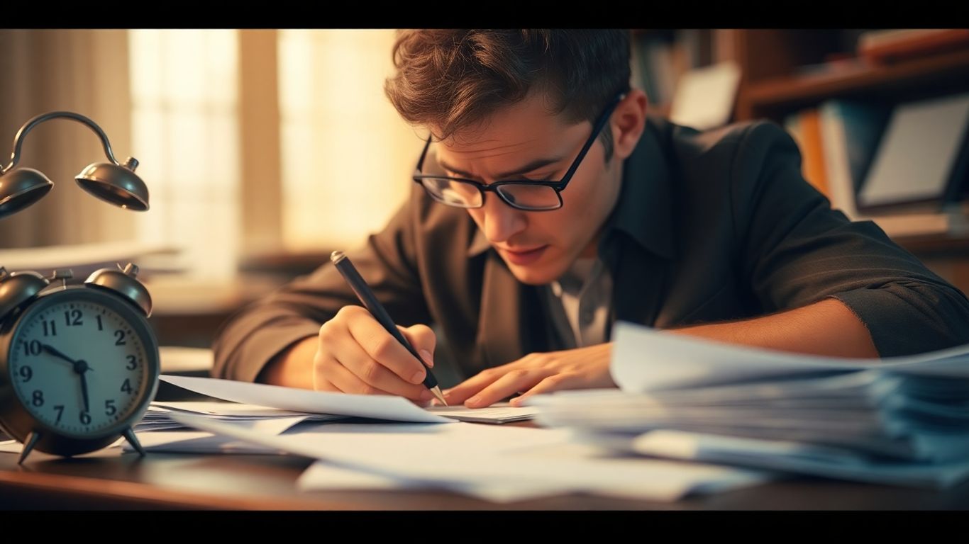 Person writing intensely, clock ticking, papers scattered.