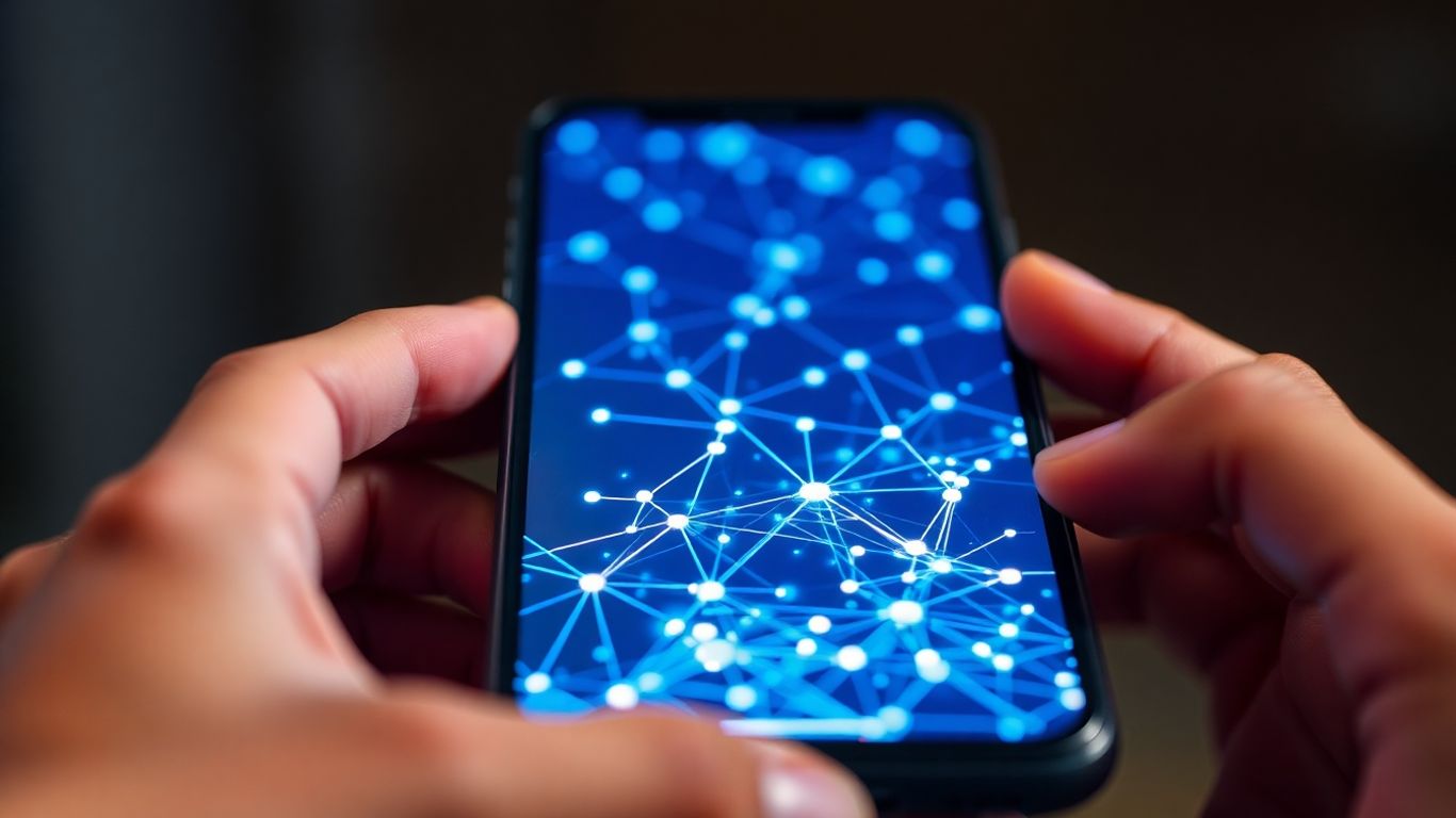Hands holding smartphone with glowing digital connections.