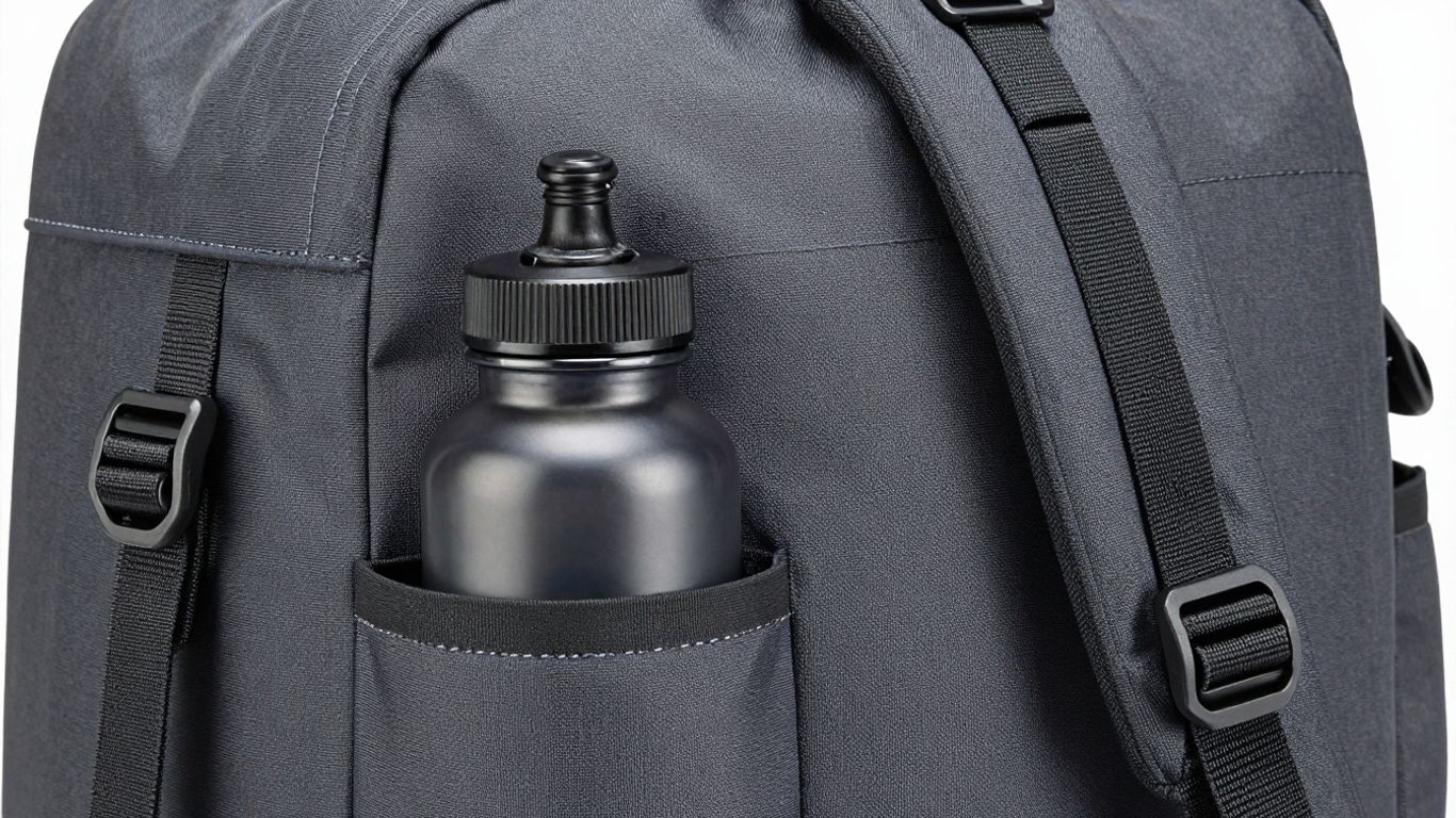 Backpack with water bottle pocket and quality construction details.
