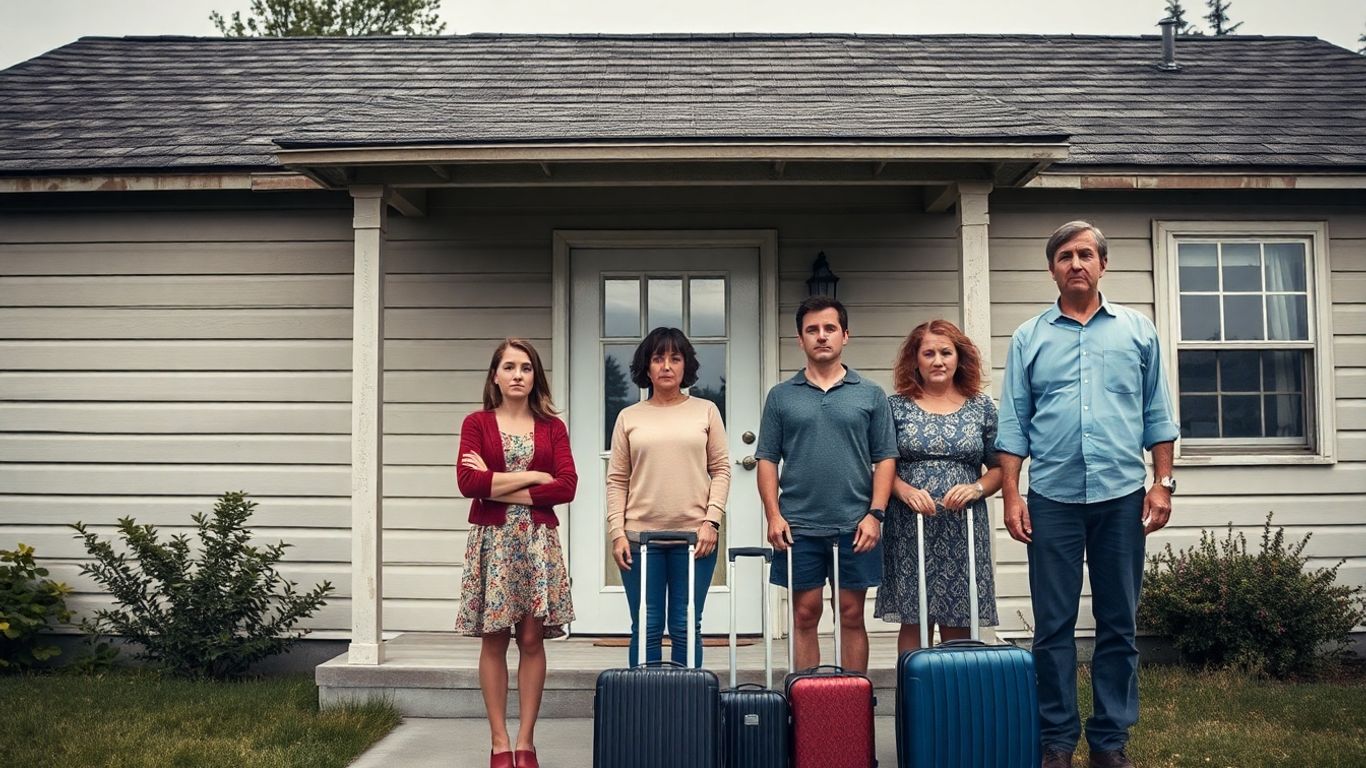 Family with suitcases outside their home, looking distressed.