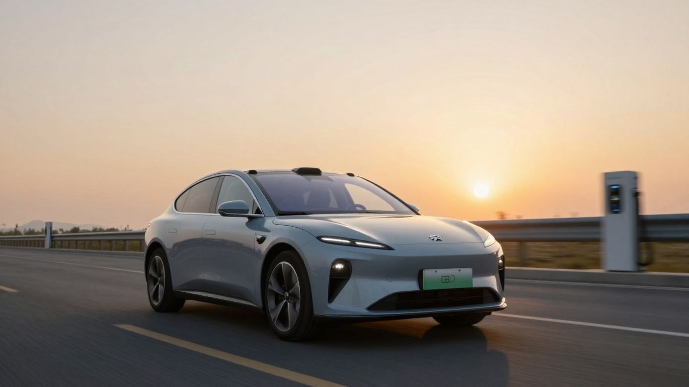 Electric car on road, sunset, charging station hint.