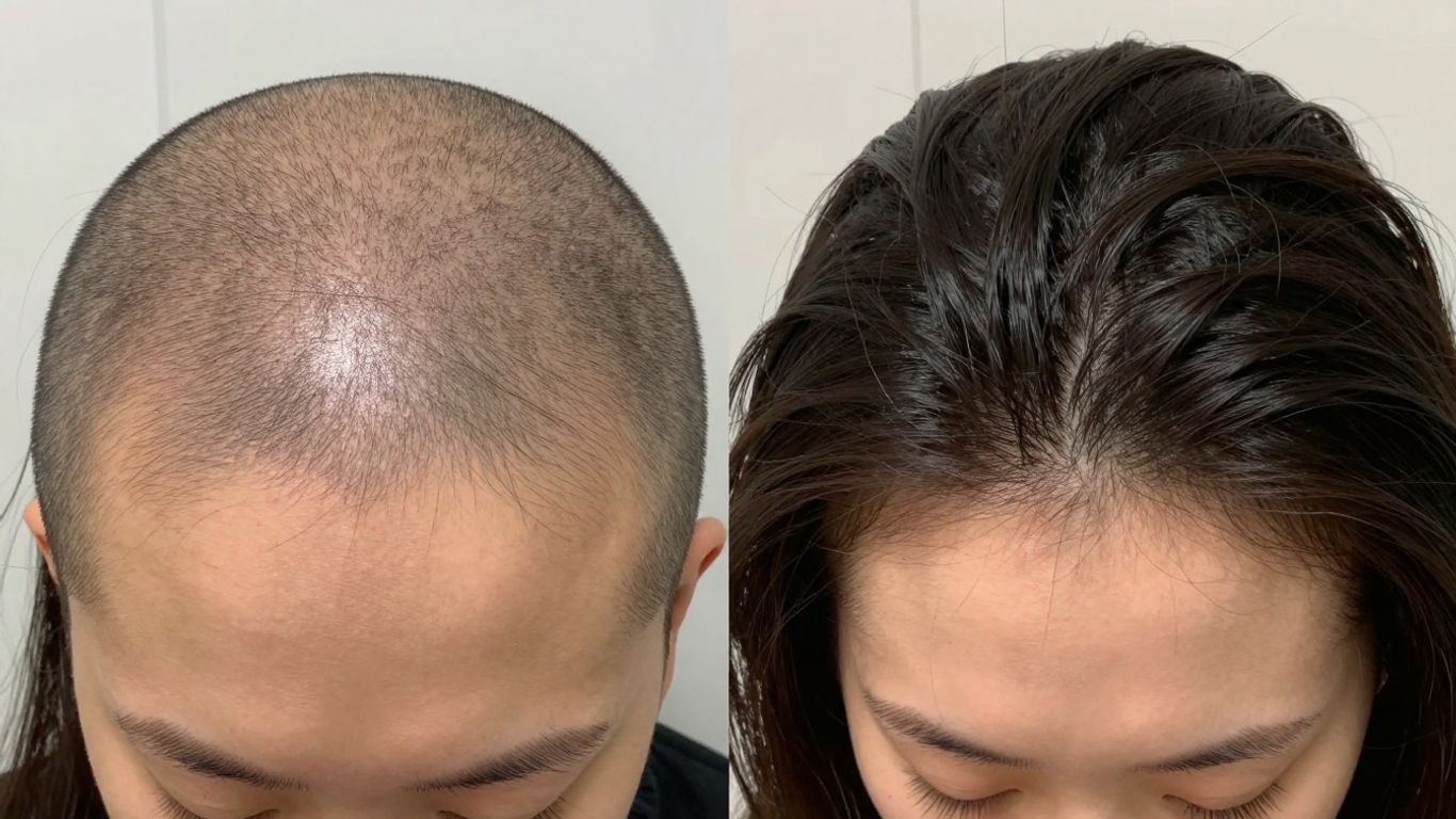 Person's hair before and after Nutrafol treatment.
