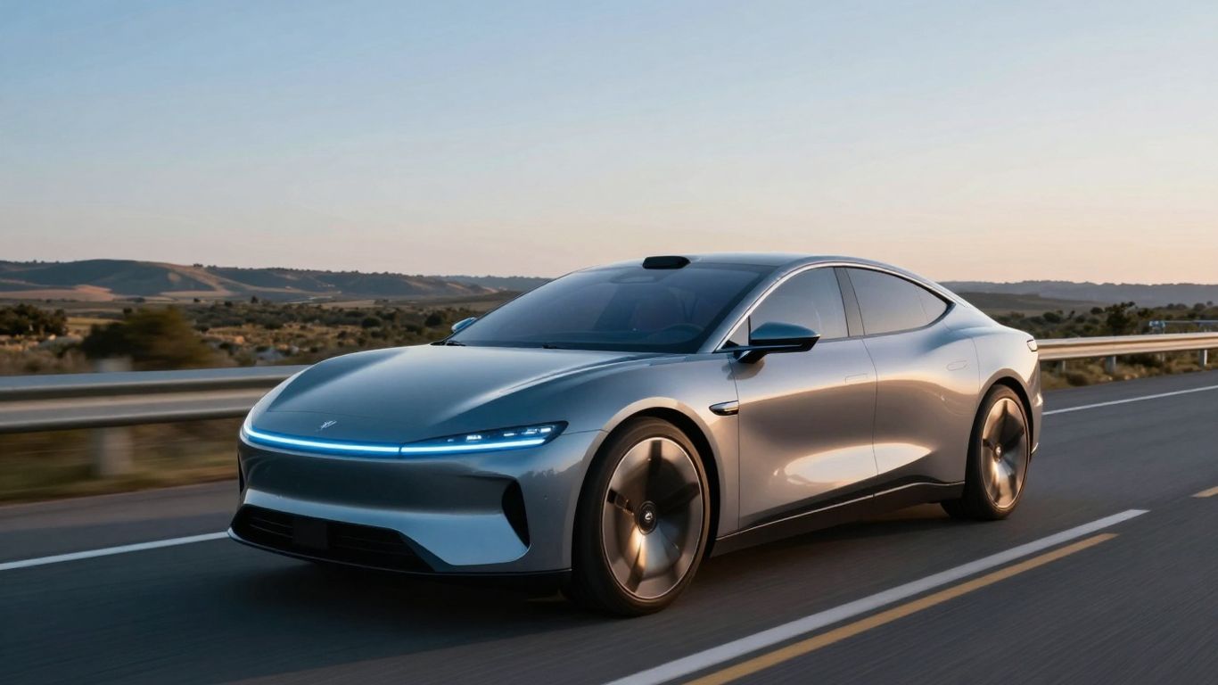 Futuristic electric car on a highway, 600+ mile range.