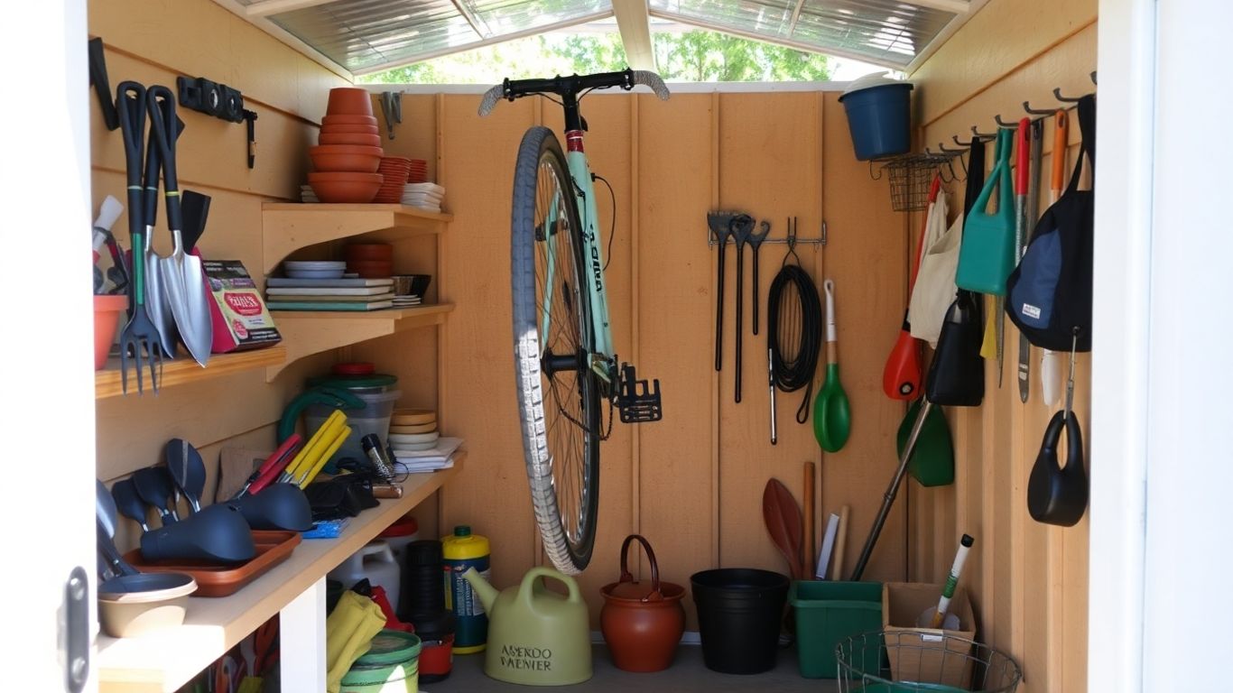 Organized tools and supplies inside a small backyard shed.