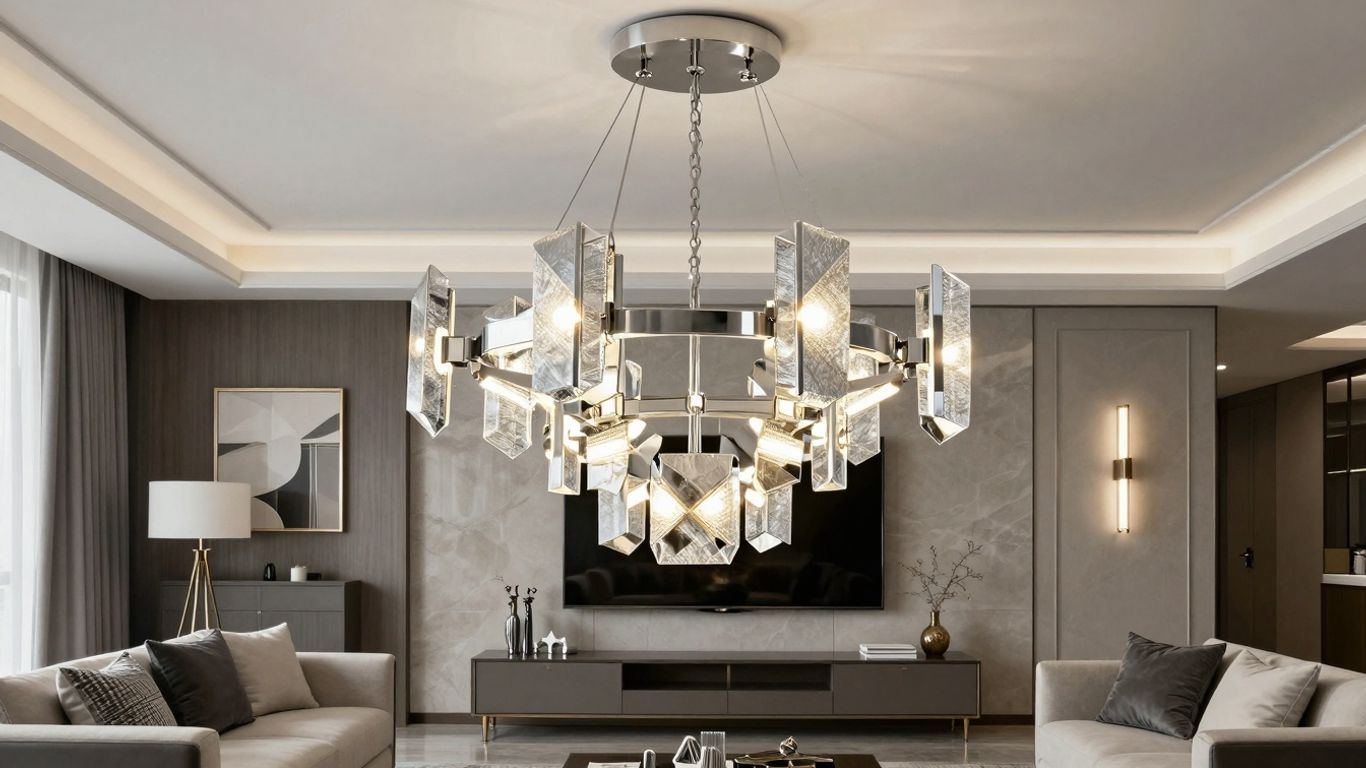 Modern chandelier illuminating a stylish living room.