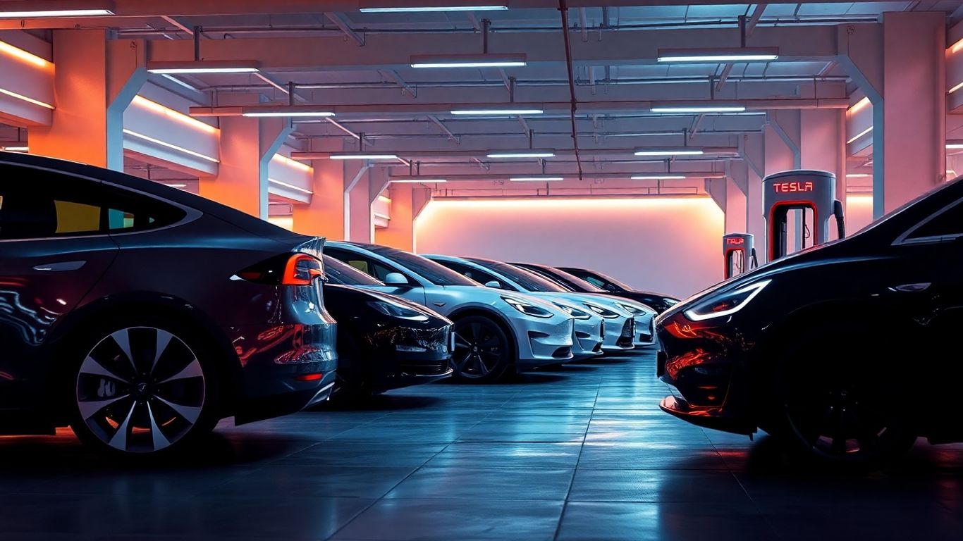 Modern Tesla cars with new accessories displayed together