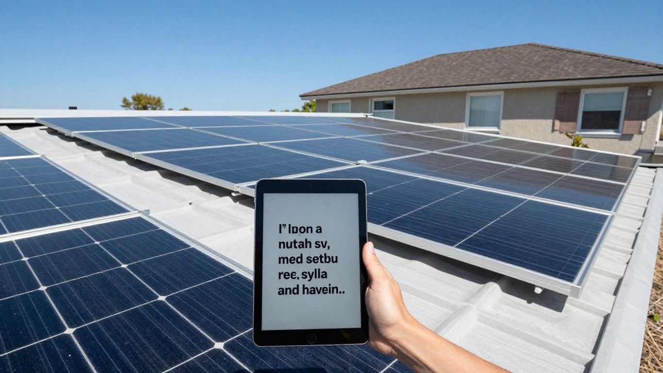 Zonnepanelen op een dak met een citaat op een tablet.