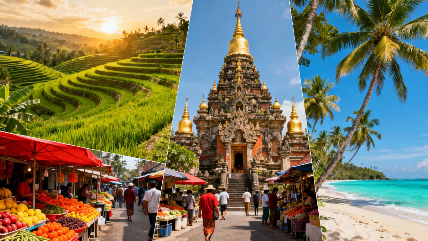 Vibrant collage of Southeast Asian landmarks and landscapes.