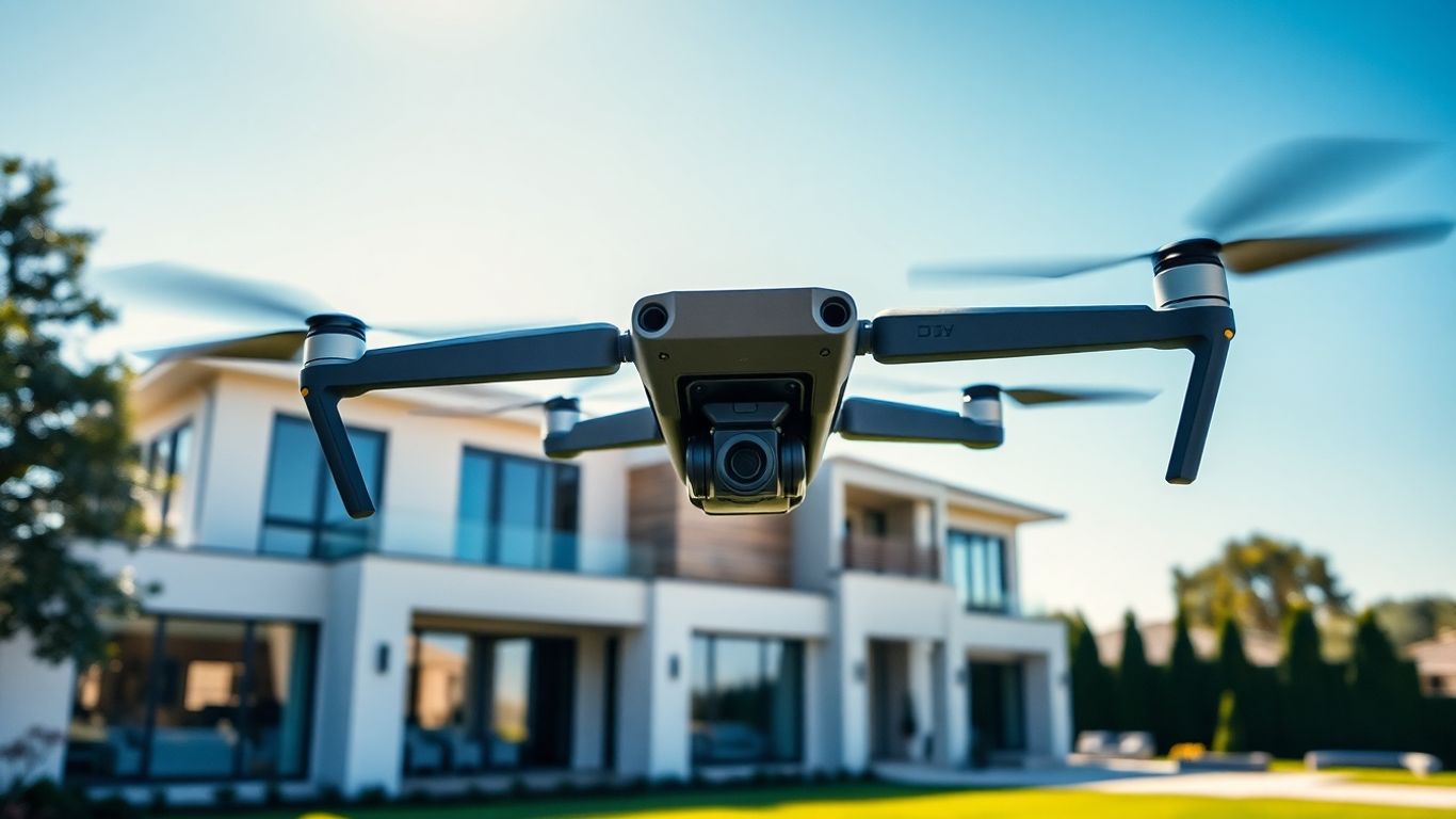 DJI Mavic 3 Pro drone flying over a house.