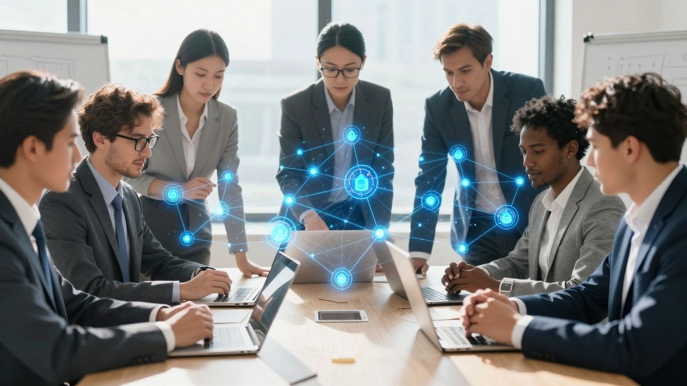 Team collaborating with glowing blockchain network visualization.