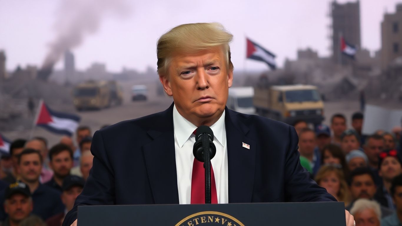 Trump inquiet, Gaza en ruines, véhicules militaires israéliens.
