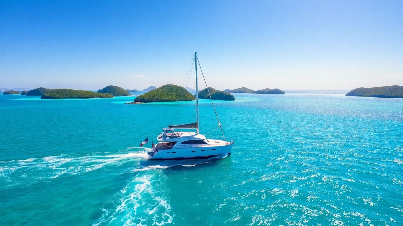 Catamaran sailing on turquoise water, BVI islands.