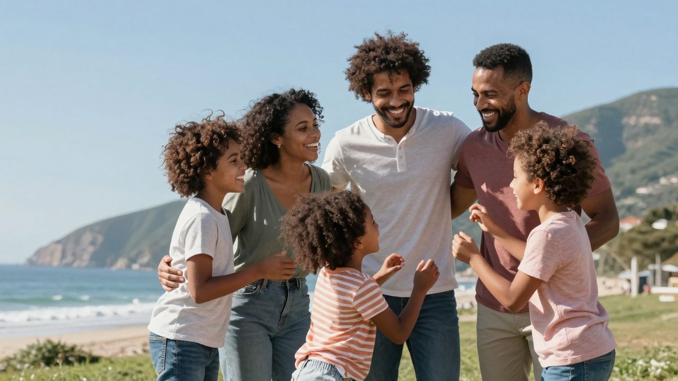 Rodzina ciesząca się wspólnym, radosnym wyjazdem na wakacje.