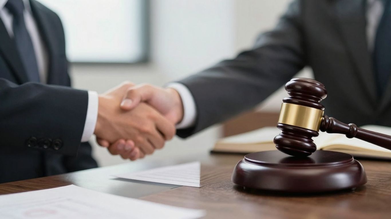 Handshake and gavel symbolizing settlement and trial.