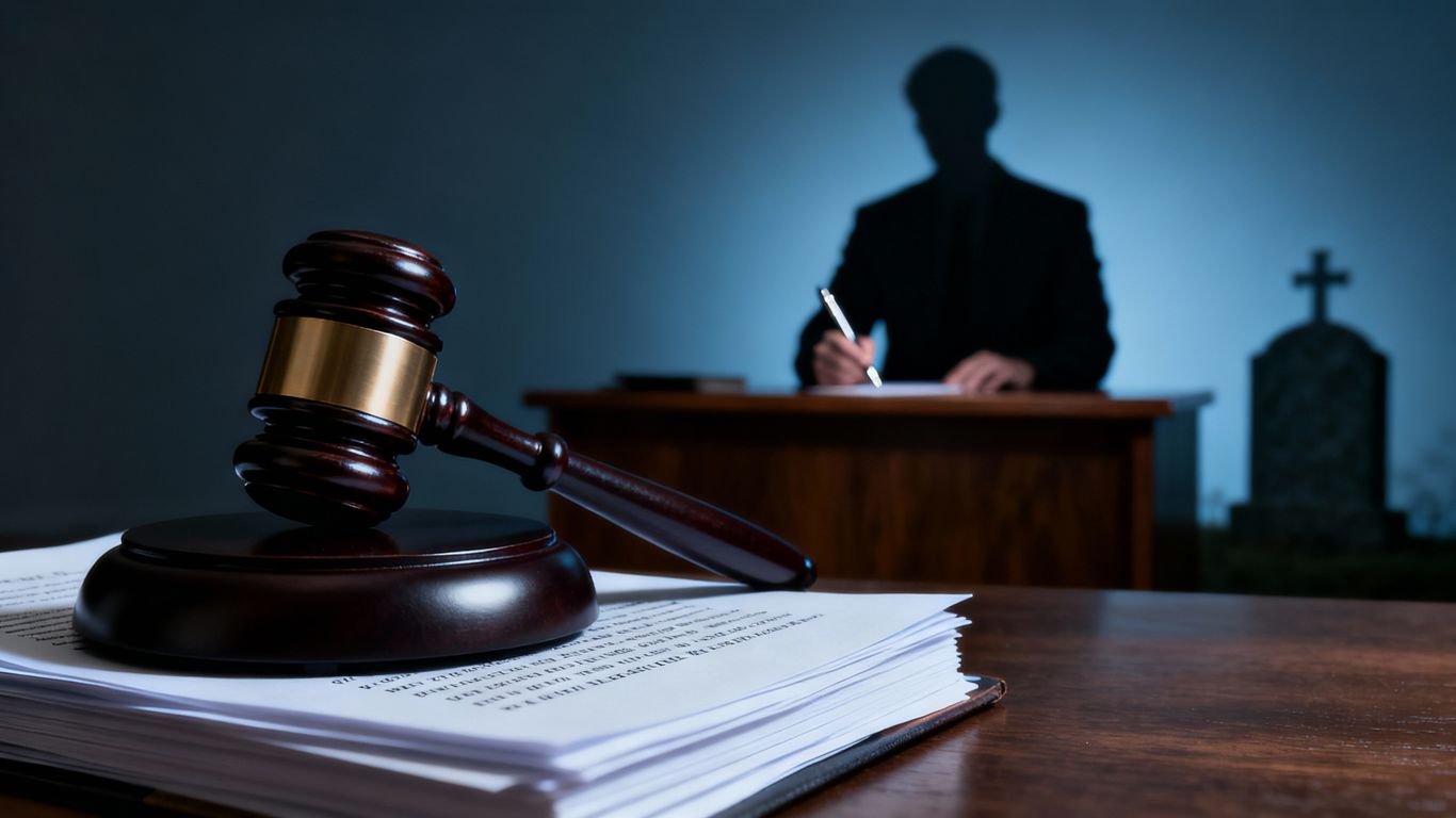 Gavel on legal papers, shadowy figure, tombstone.