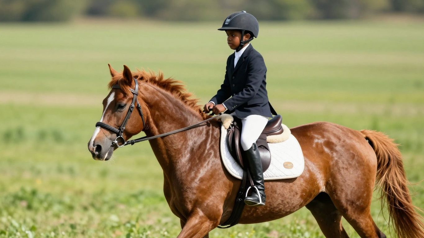 Young rider on a pony in a green field.
