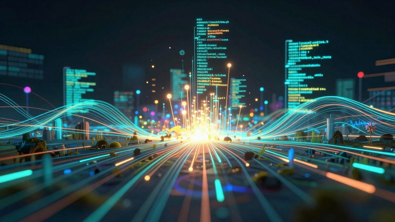 Paisaje digital abstracto con líneas de código brillantes.