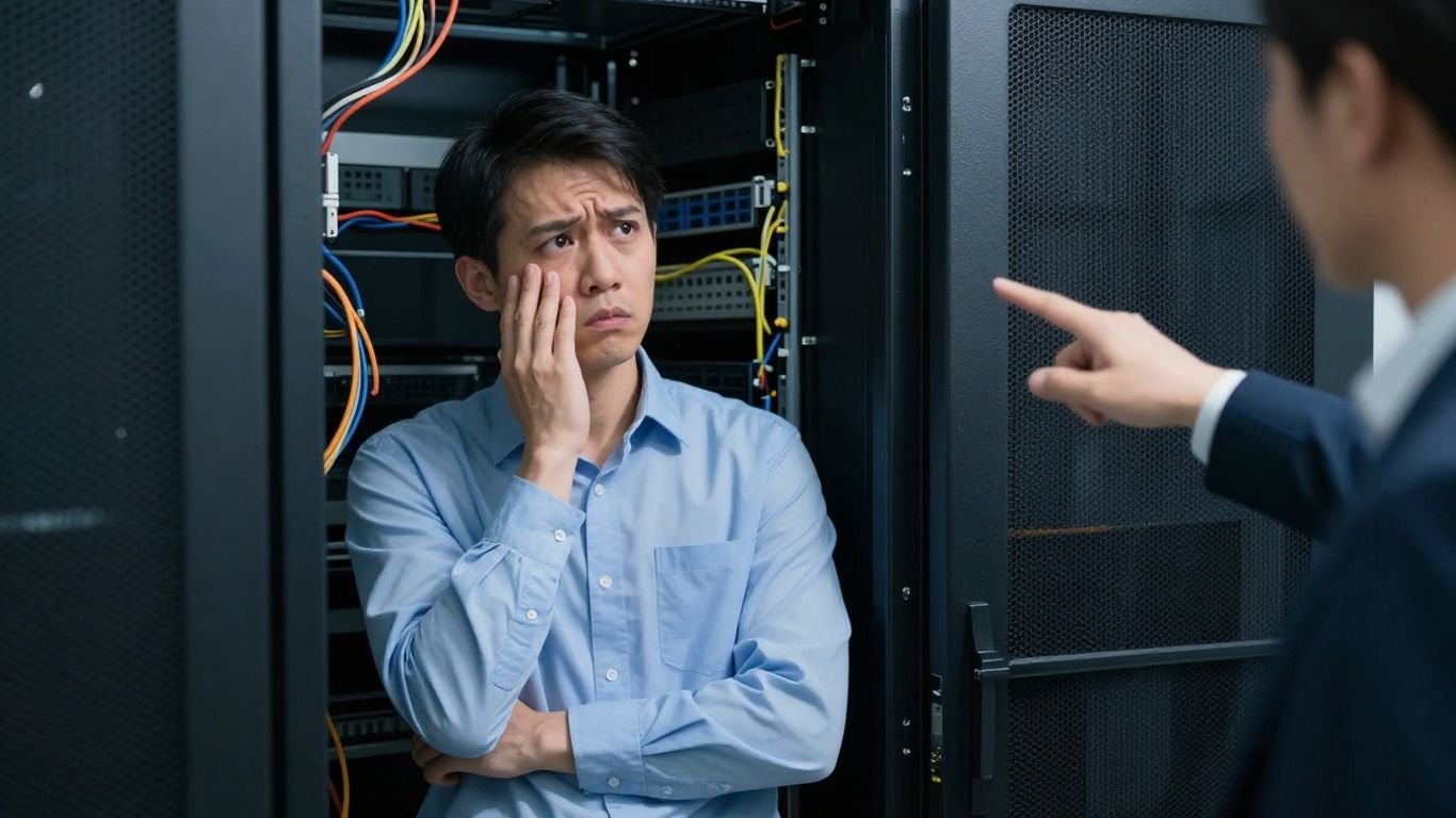 Confused business owner surrounded by tangled wires and bad IT choices.