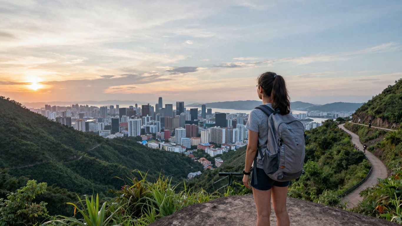 Samotna podróżniczka podziwia zachód słońca nad miastem.