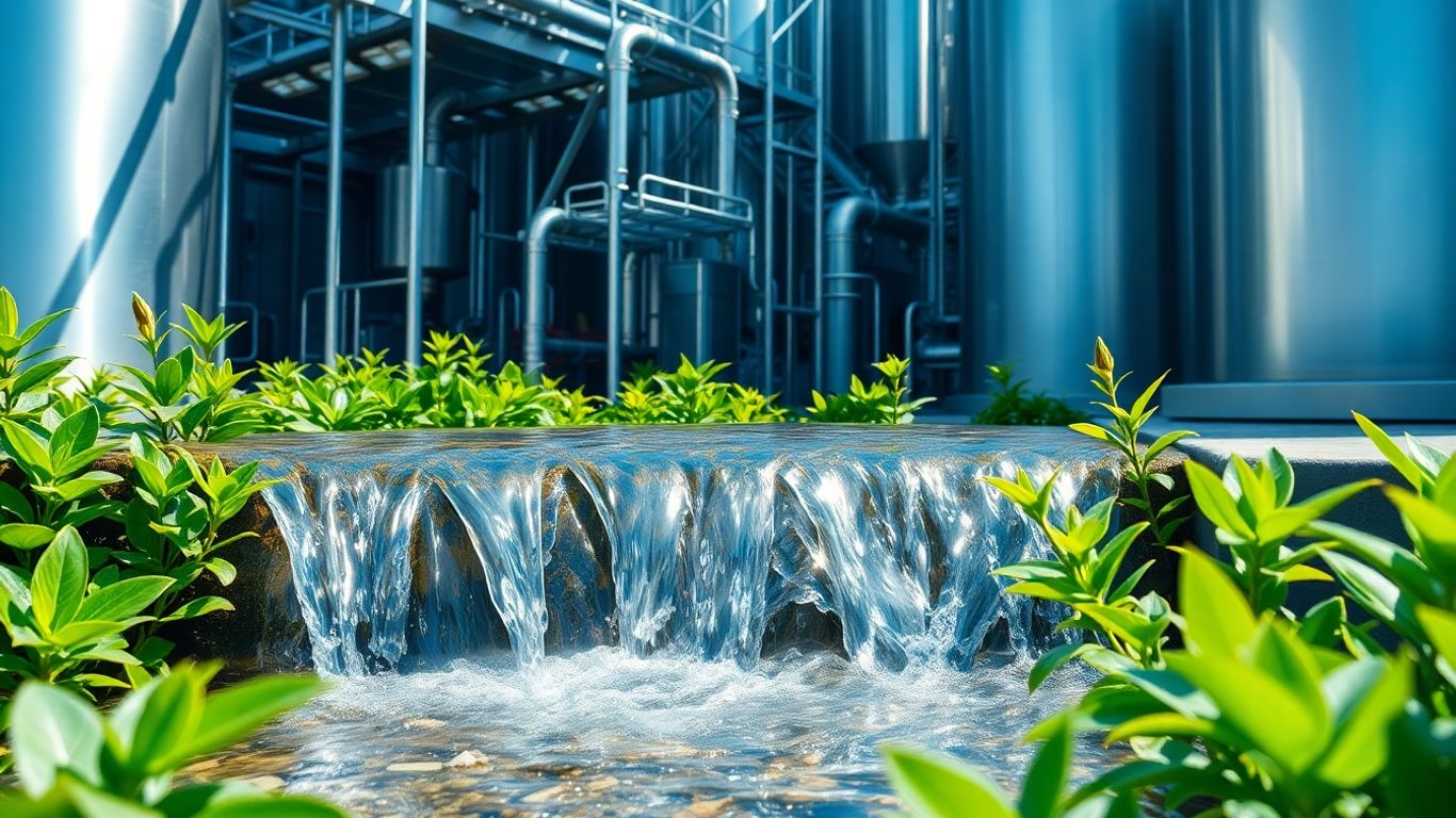 Water reclamation facility with clean water and greenery.
