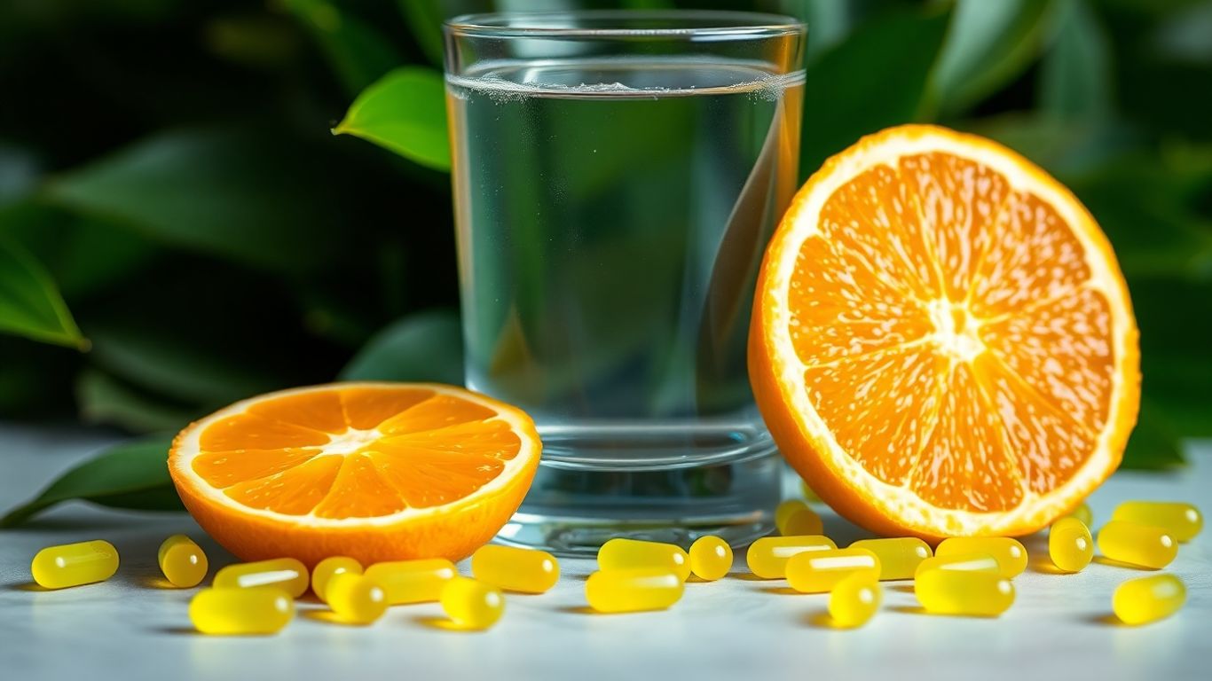 Orange slice and vitamin C capsules near water.