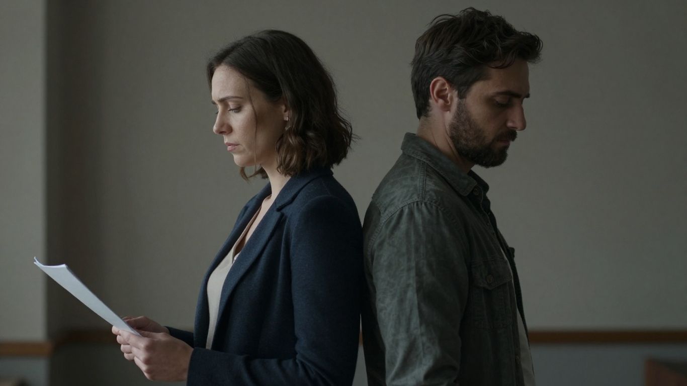 Couple looking away, one holding a document.