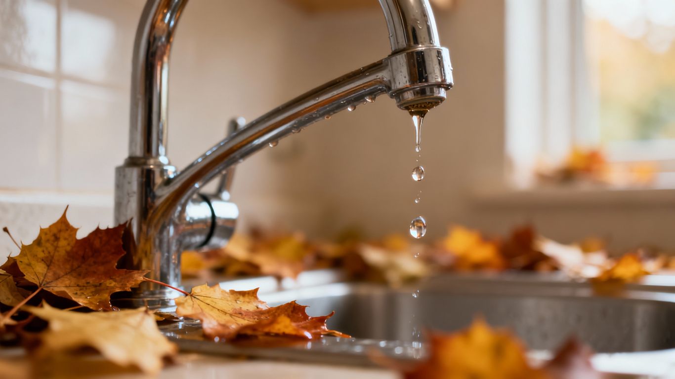 Leaky faucet with autumn leaves on counter.