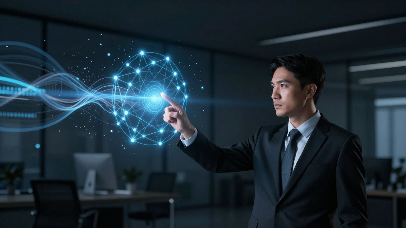 Digital network diagram with a person pointing.