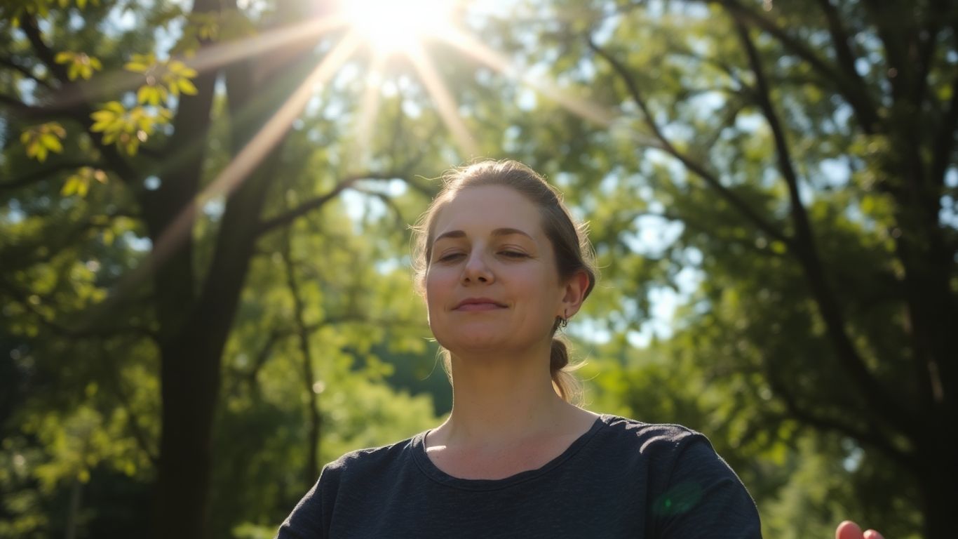 Person meditating peacefully in a sunlit natural setting.