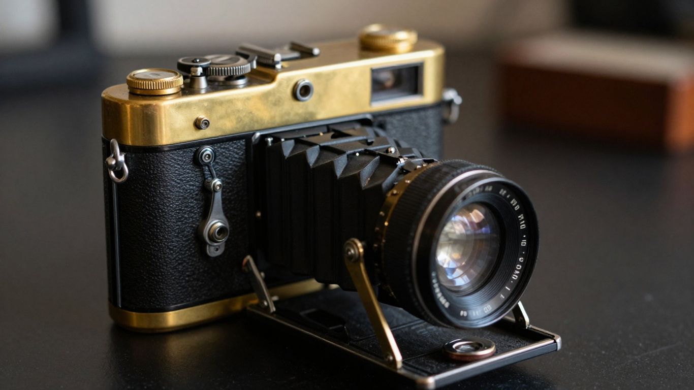 Een oude camera met koperen en houten details.