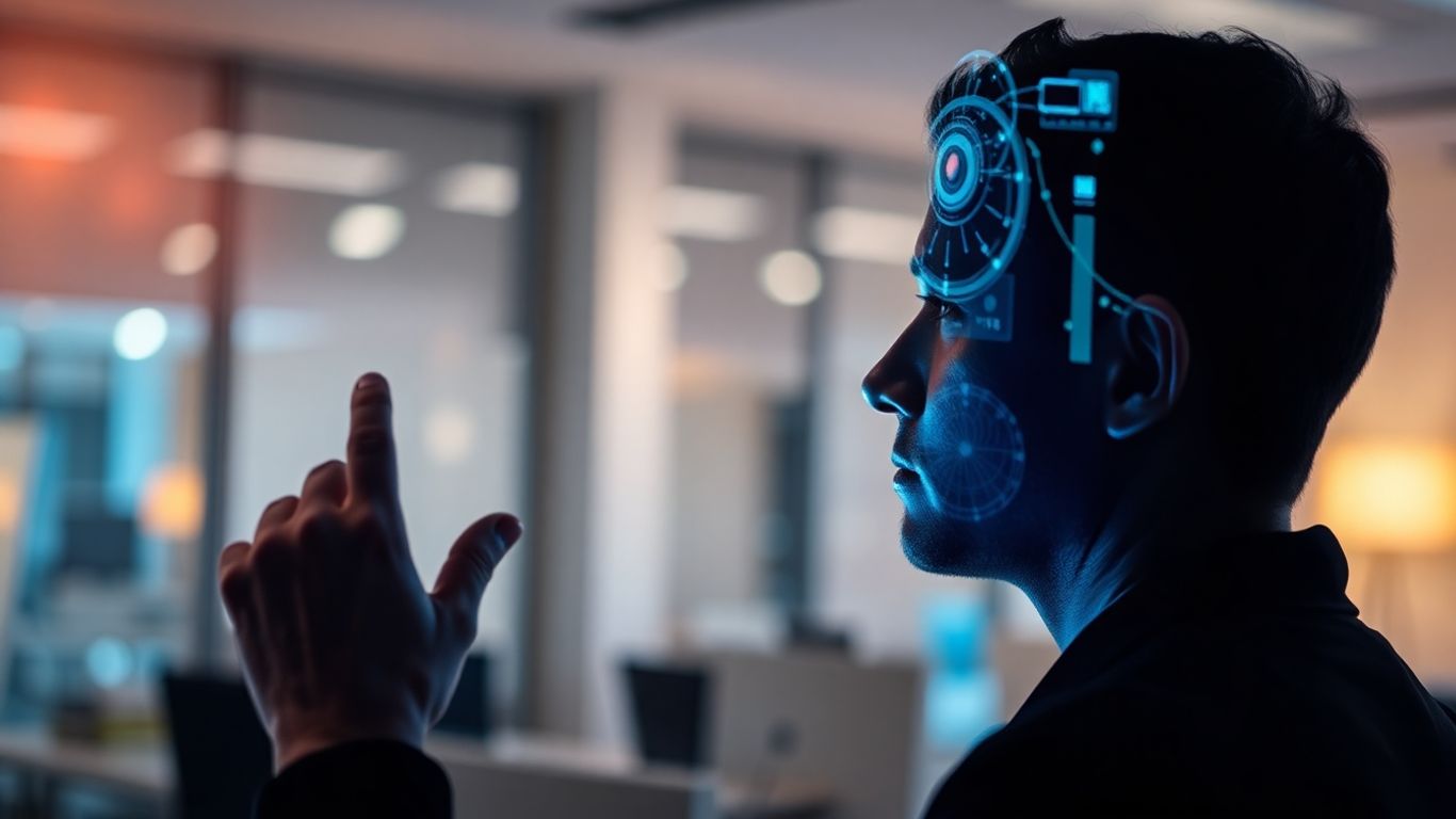 Pessoa analisando dados em tela digital com luzes brilhantes.