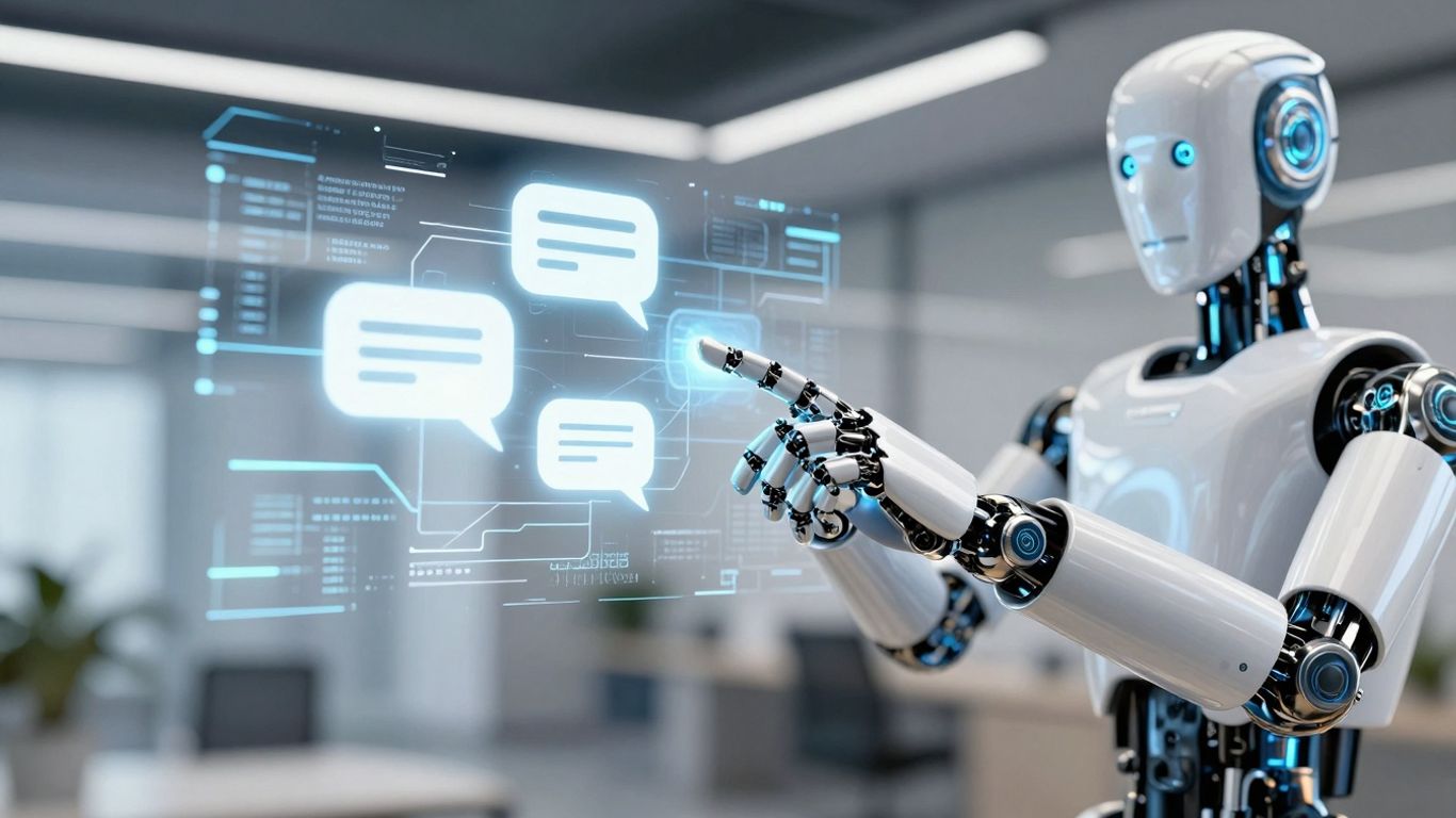 Robot interactuando con interfaz digital de IA conversacional.
