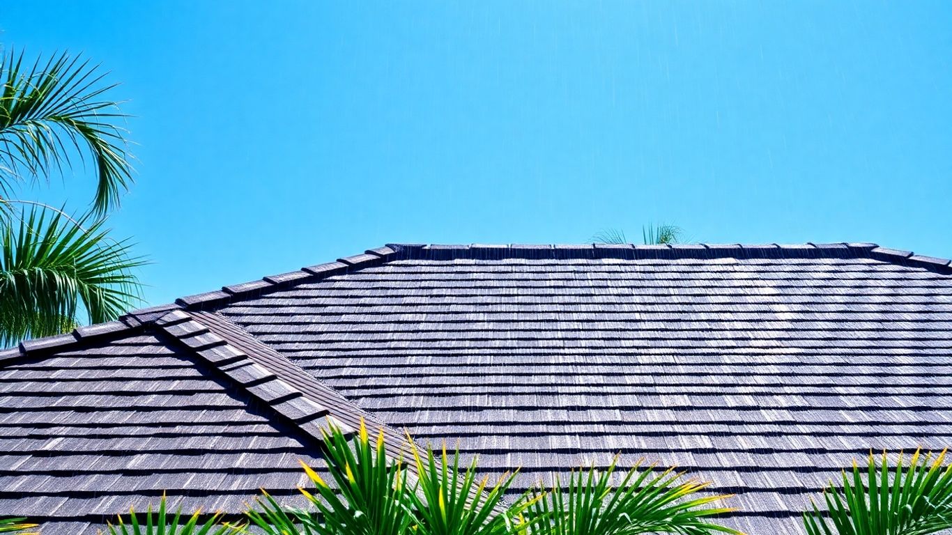 Florida roof after rain with blue sky and foliage.