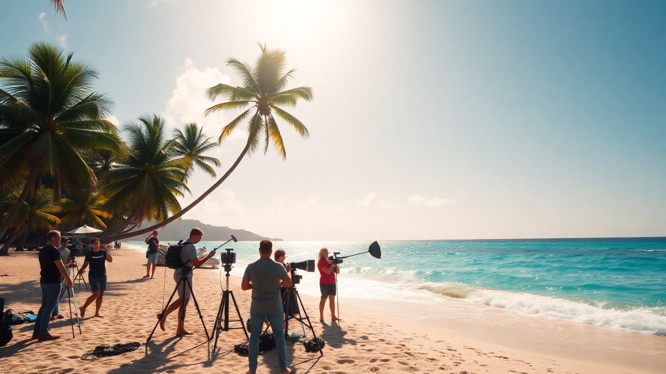 Tournage vidéo sur une plage tropicale aux Antilles.