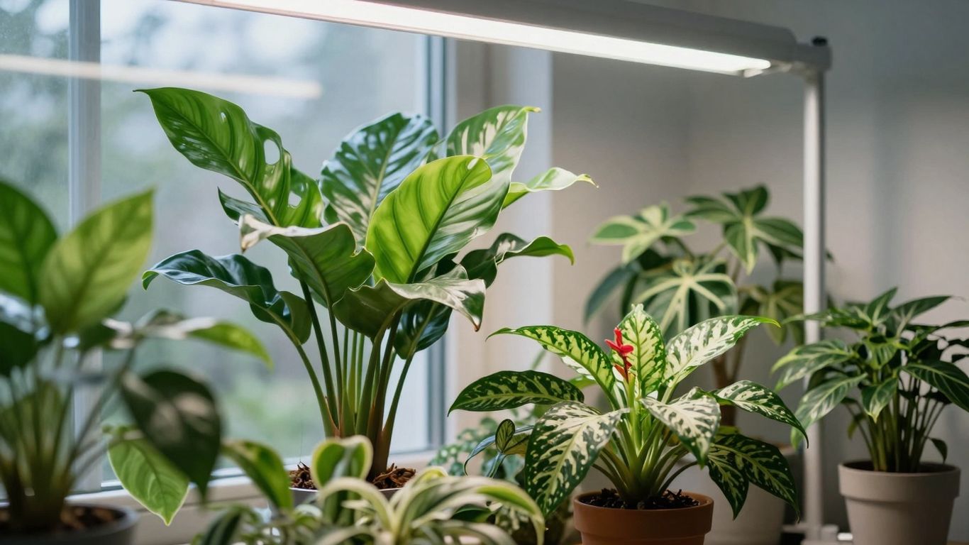 Pflanzenlampen beleuchten grüne Pflanzen im Wintergarten.