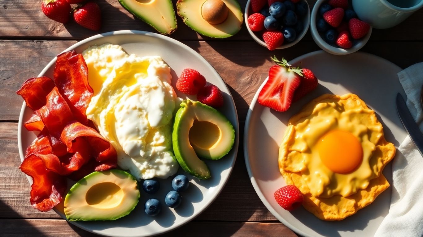 Healthy low carb breakfast spread with eggs, bacon, avocado, berries.