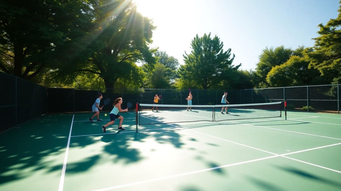 Pickleball players on a sunny court