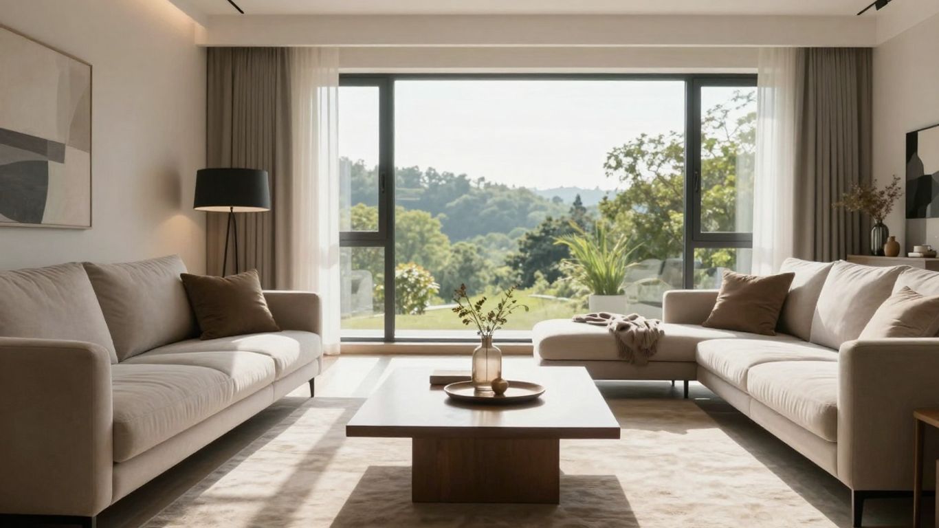 Sala de estar moderna y luminosa con sofá cómodo.