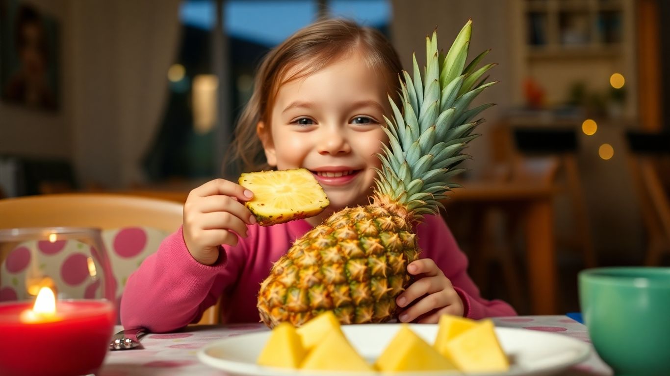 Kind isst Ananas am Abend am Tisch