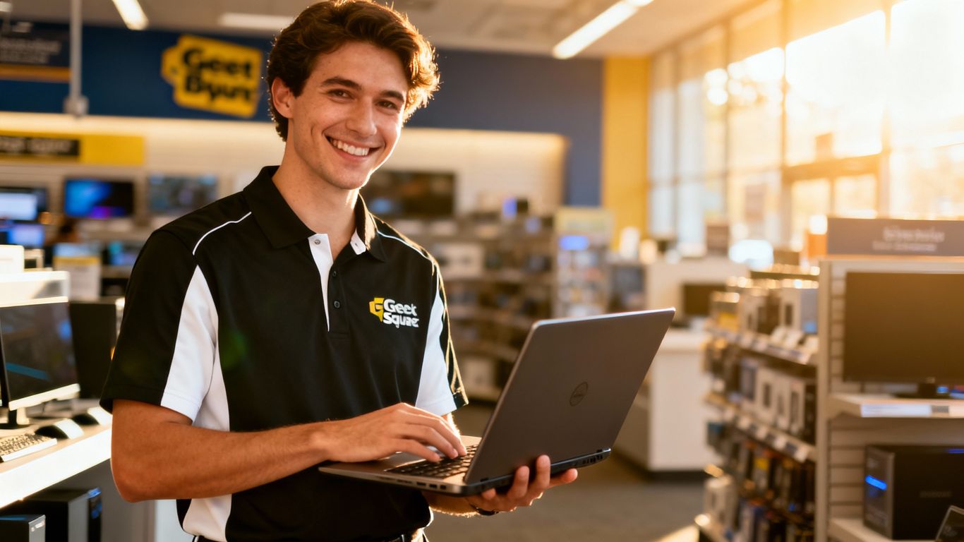 Geek Squad agent scheduling appointment on laptop at Best Buy.