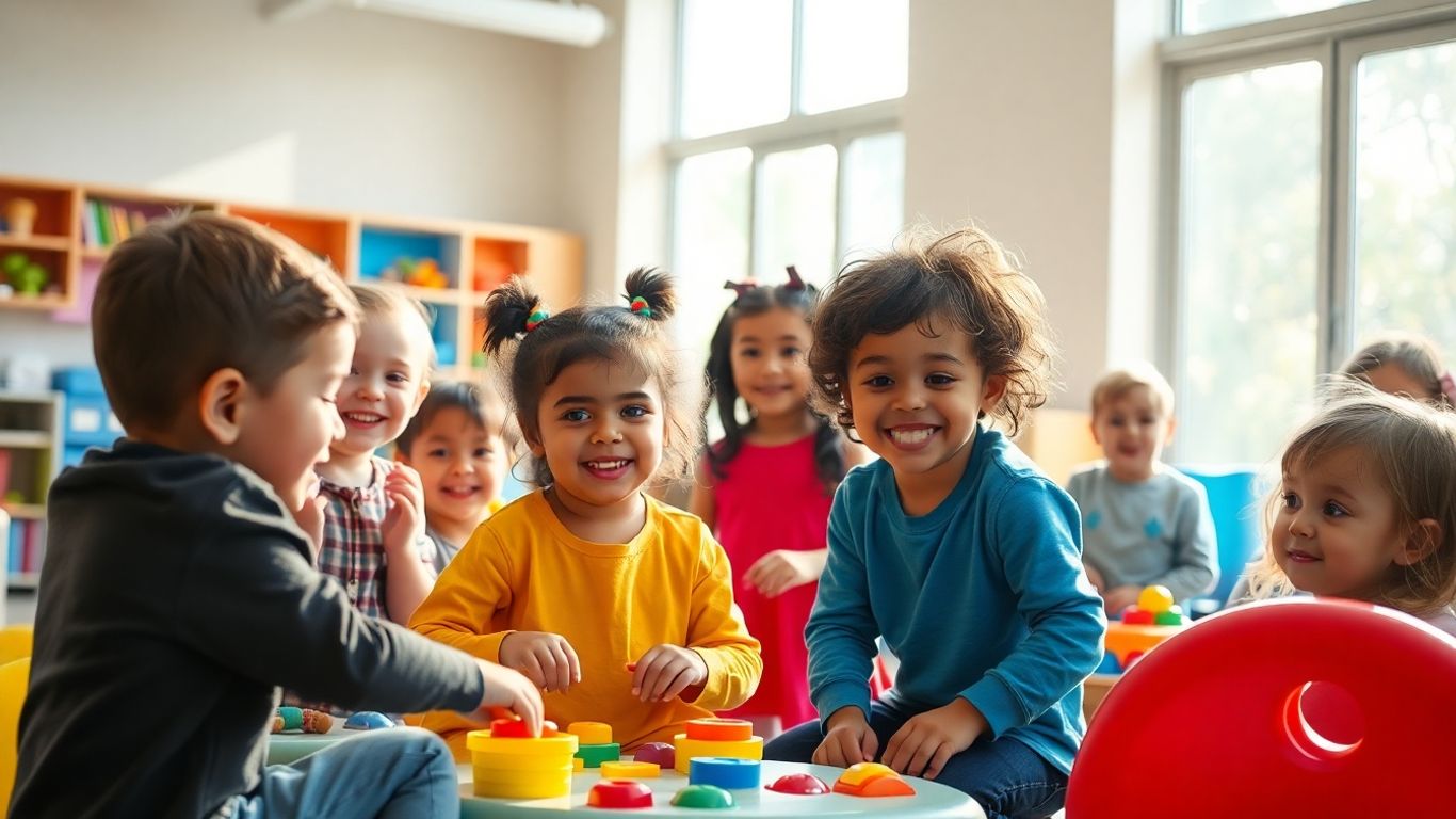 Enfants jouant dans un centre de la petite enfance lumineux.
