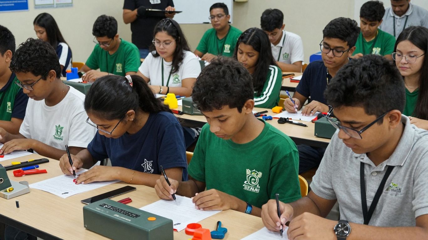 Estudantes em curso profissionalizante SENAI aprendendo habilidades práticas.