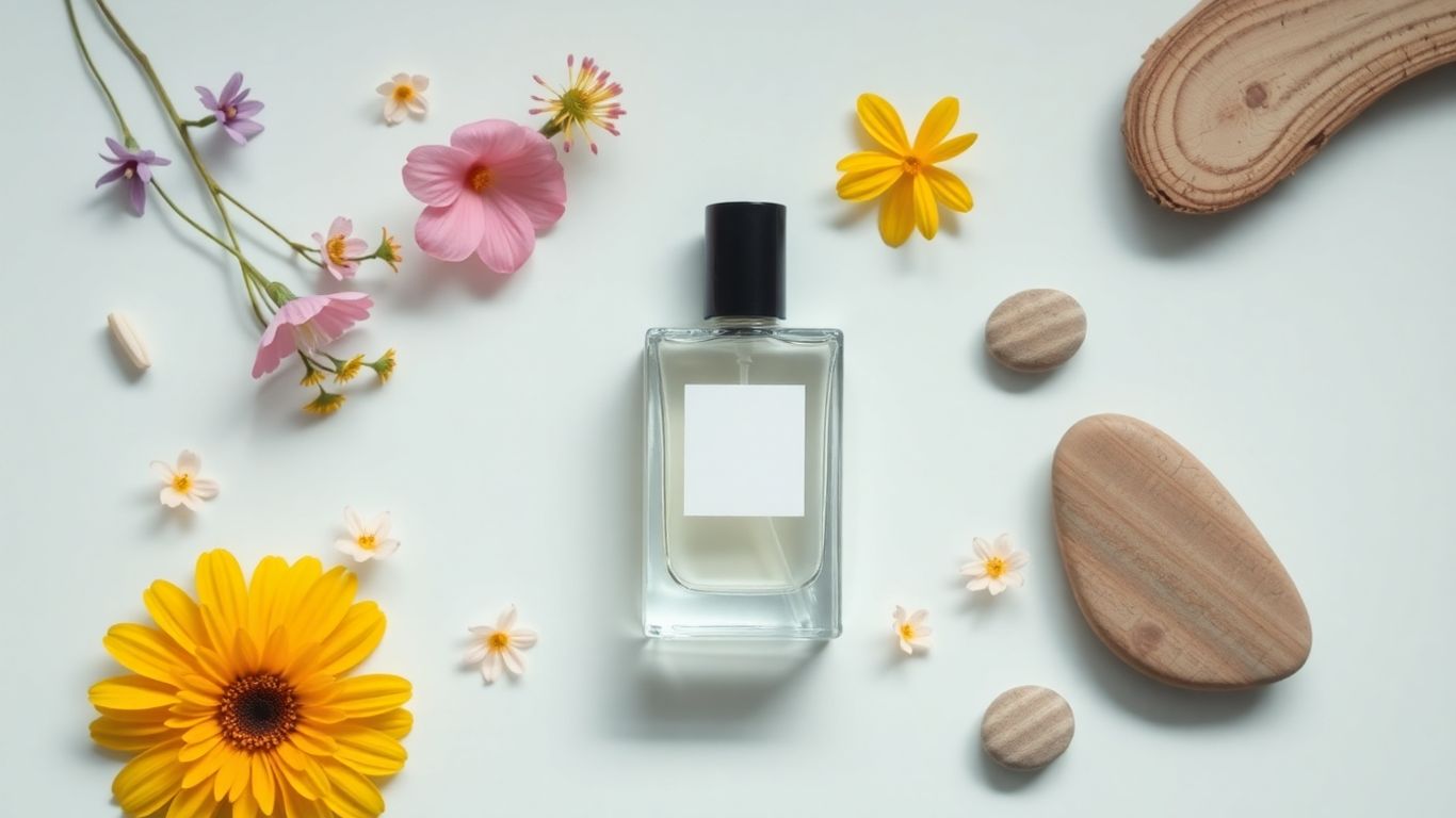 Perfume bottle with natural elements, genderless fragrance concept.