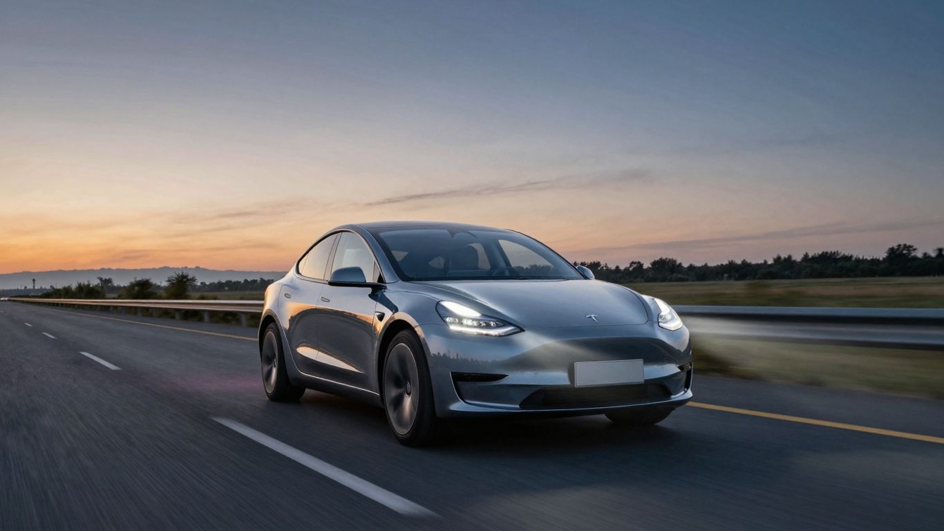 Tesla car driving on highway at dusk.