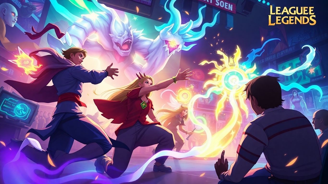 League of Legends esports match with dynamic characters and magical effects.