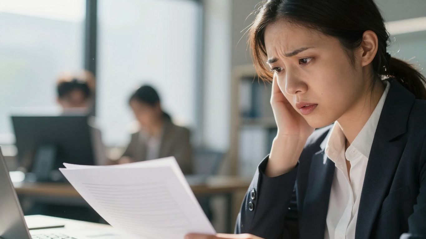 Business owner reviewing documents after interruption.