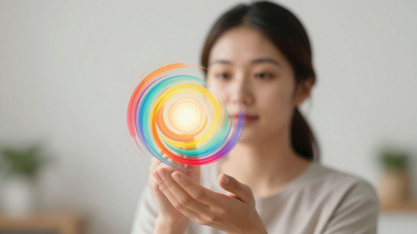 Person contemplating a colorful, abstract depiction of health.